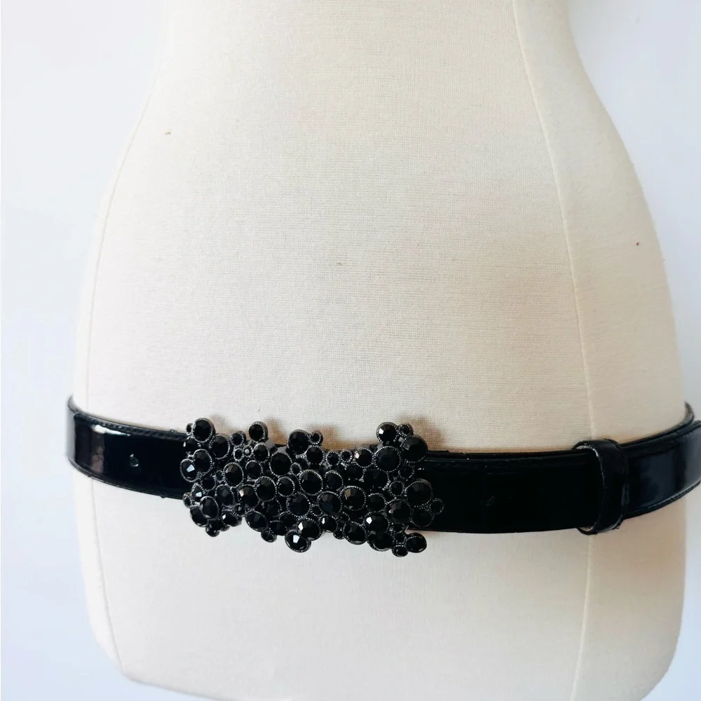 WHBM Cluster of Faux Black Jewel embellished belt black patent leather Large